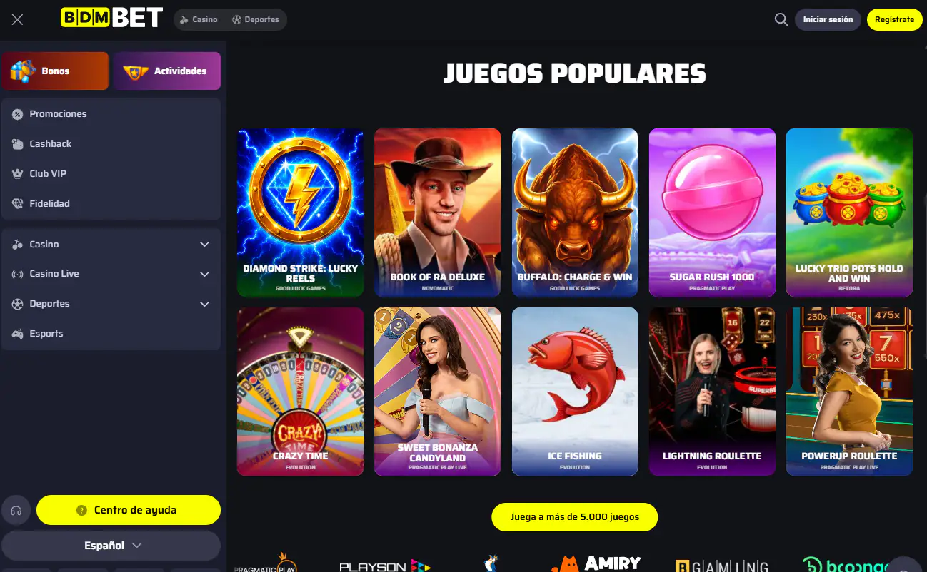 Cabecera e interfaz española de BDMbet con navegación y contenido principal visibles